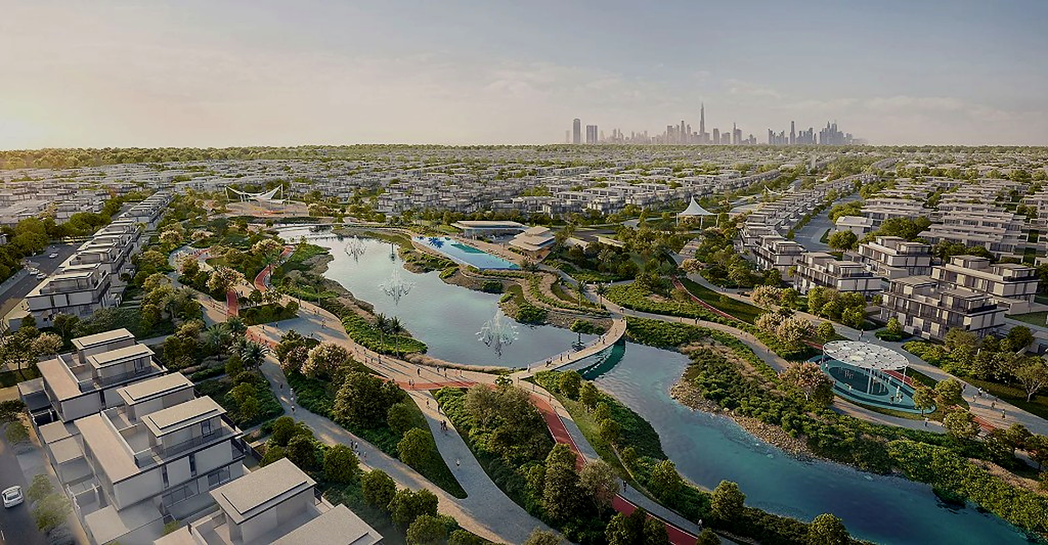 Dubai community living with city skyline